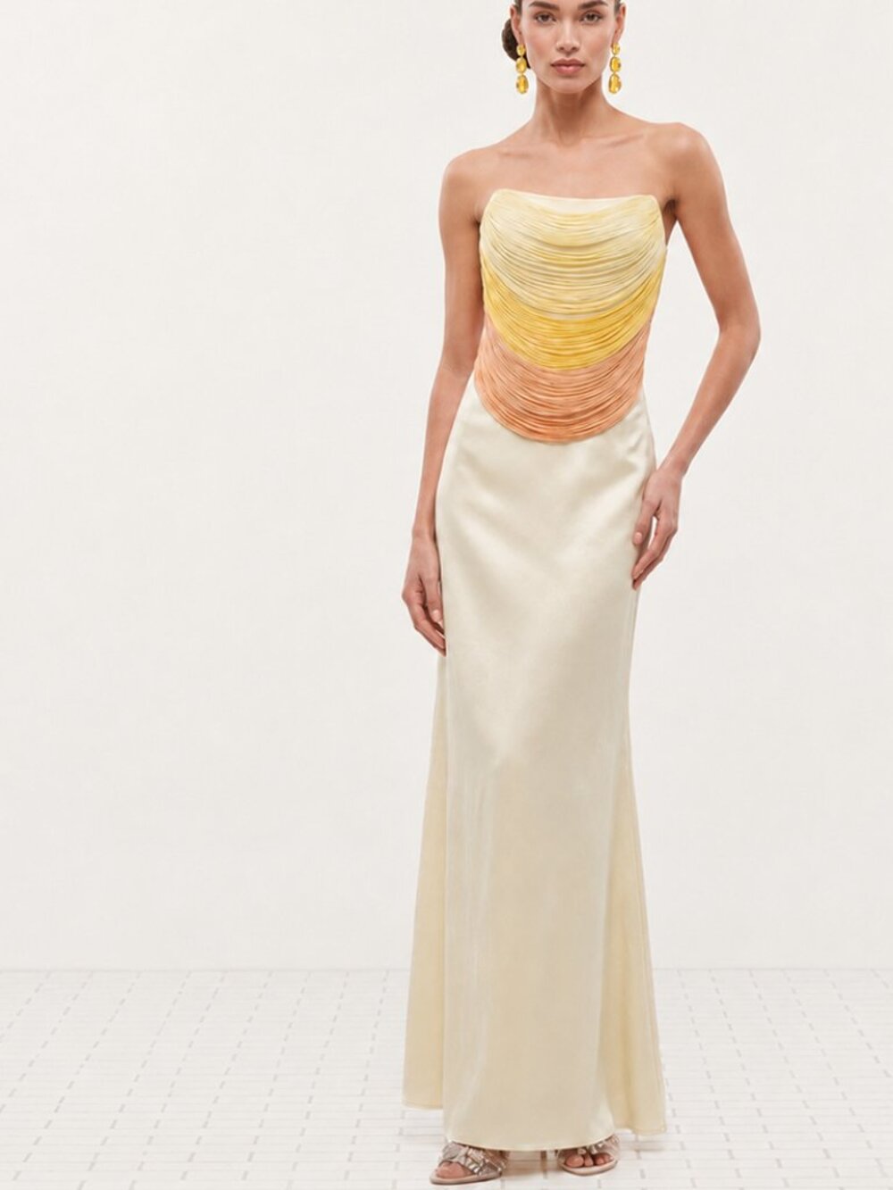 Yellow Ombre Fringe Corset Satin Evening Maxi Dress Strapless Prom